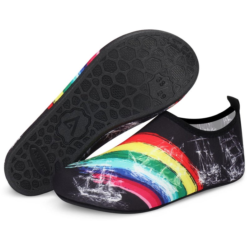 ANLUKE Water Shoes Barefoot Aqua Yoga Socks Quick-Dry Beach Swim Surf Shoes for Women Men Black/Rainbow 38/39 - Image 1